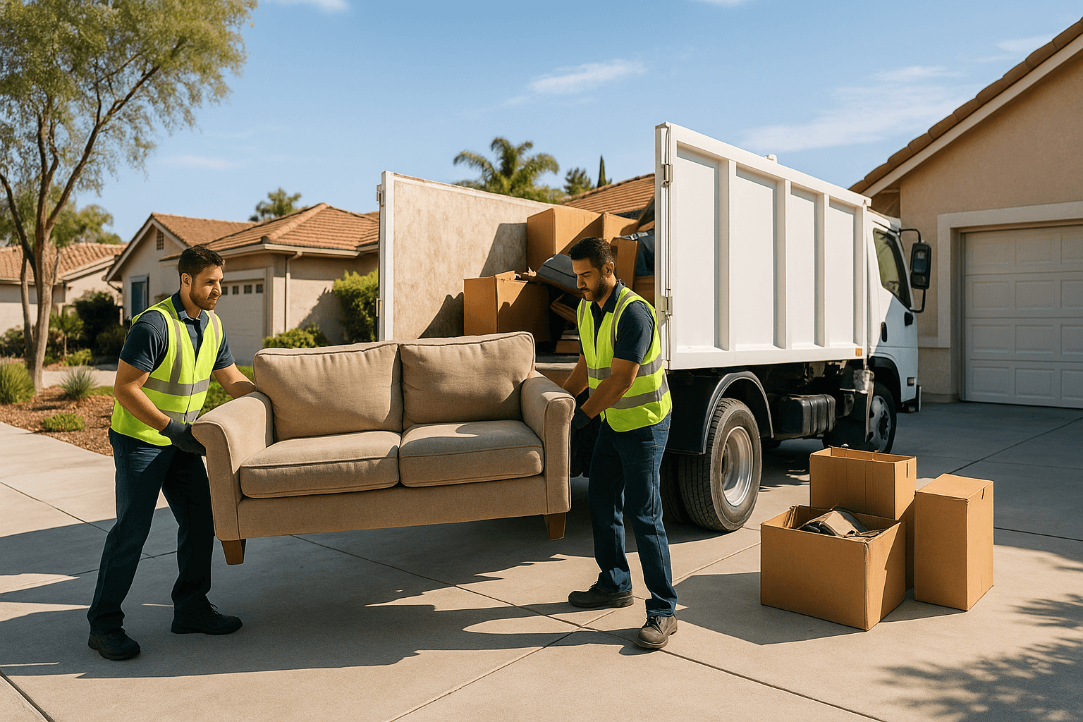 Junk removal truck and crew working in a San Diego neighborhood